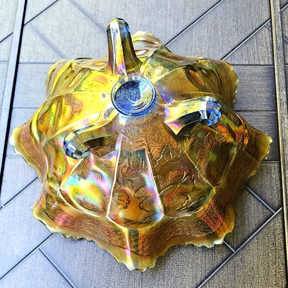 *Iridescent Carnival Glass Two Flowers Pattern Bowl Vintage 1900's EUC - Picture 4 of 7